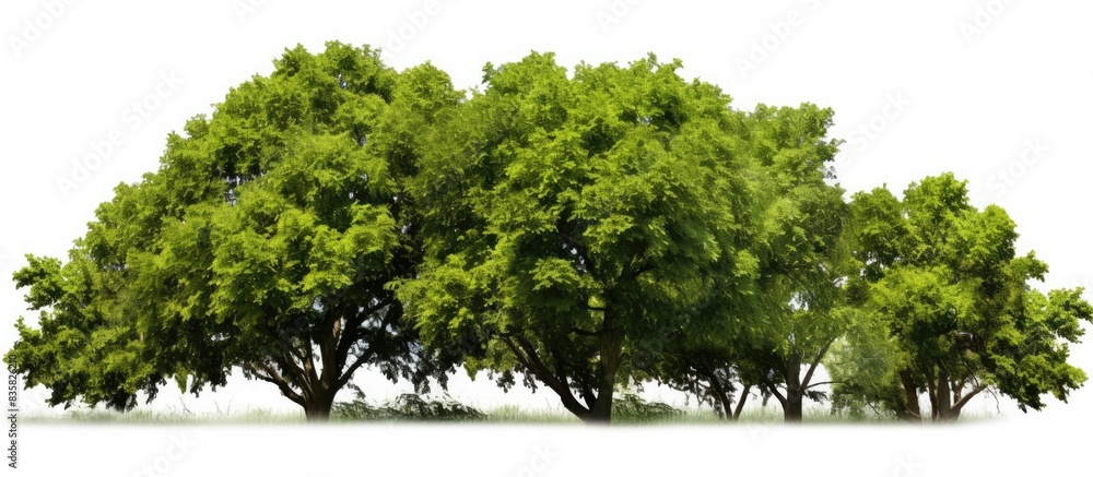 Poster a line of trees and bushes in summer, on a white backdrop with space for text or graphics (copy spac
