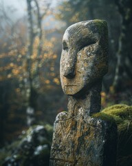 Mysterious stone sculpture covered with moss stands in the middle of the forest. AI.