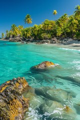 Tropical Beach with Rocky Shoreline and Clear Turquoise Water