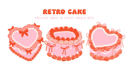 set of Retro Cake Groovy Coquette Design with Ribbon bow banner