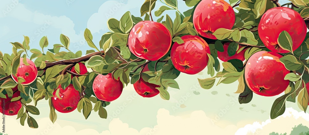Poster apple orchard with red apples growing on a tree with a beautiful background providing ample copy spa