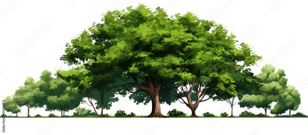 Poster a tree standing alone, set against a white background, suitable for architectural design or other pr