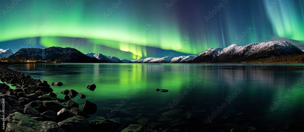 Poster the milky way is a spiral galaxy with an aurora borealis in the background, creating a stunning copy