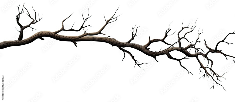 Poster isolated single old and dead tree branch with cracked dark bark on a white background, creating a be