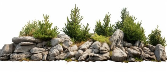A rock cutout set amid fir trees in a garden layout, standing on white backdrop as a decorative shrub element used for landscaping with excellent quality for professional design with copy space image.