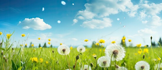 Vivid picture of a spring meadow with dandelions, blue sky, and clouds in the background, ideal for a copy space image.
