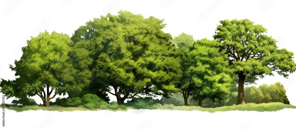 Poster a line of trees and bushes in summer, on a white backdrop with space for text or graphics (copy spac