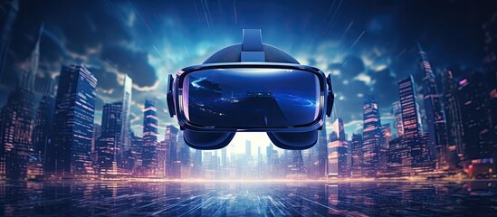 A man immersed in a futuristic virtual reality game, wearing VR goggles, in an augmented reality environment, creating an engaging copy space image.