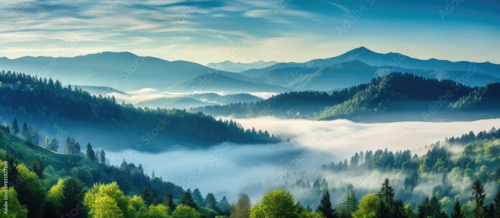Poster scenic view of misty mountains and aligned trees in a captivating landscape with a copy space image.