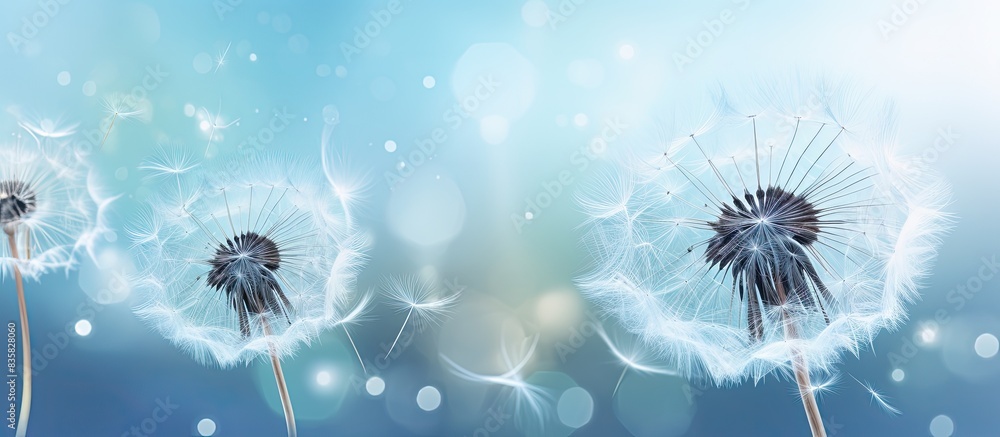 Poster macro closeup of dandelion seeds with a soft focus in a vintage style, creating an abstract backgrou