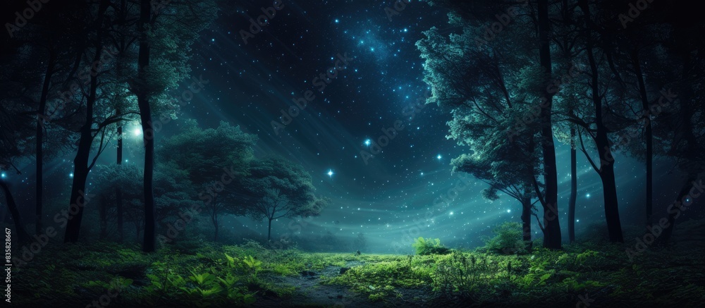Poster the serene night features a gentle forest rustle and a celestial dance with a copy space image.