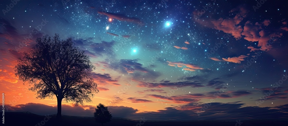 Wall mural sunset with starry sky in a photograph with copy space image.