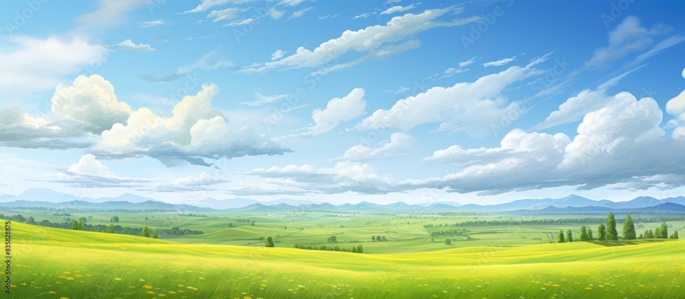 Poster scenic landscape featuring yellow dandelions against a clear blue sky, with space for text or graphi