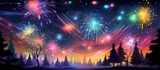 Colorful fireworks brighten the sky at night above tree silhouettes, complemented by a festive Christmas tree, creating a lively scene. Copy space image. Place for adding text and design