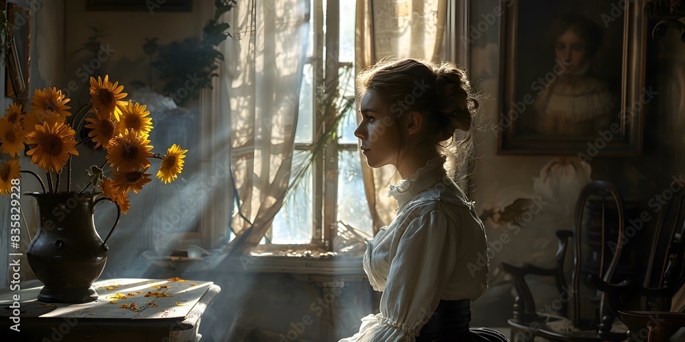 Canvas Prints portrait of a young woman in a white dress sitting in a dimly lit room