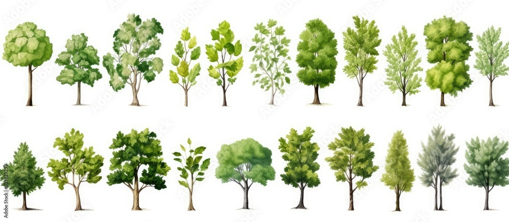 Poster collection of an isolated tree set on a white background perfect for copy space images.