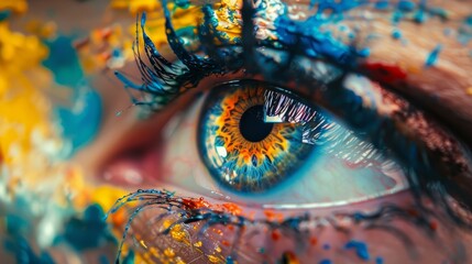 Creative eye close-up with vibrant paint splashes. Abstract art inspired by a colorful human eye.