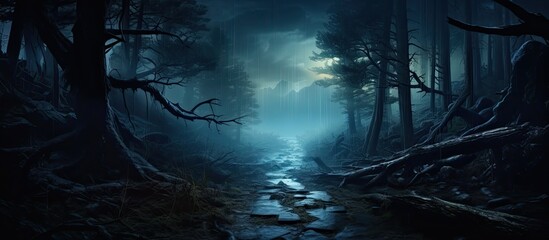 Eerie fog blankets a mysterious forest, creating a spooky ambiance. It's a chilling morning in a horror forest with a captivating panorama and copy space image.