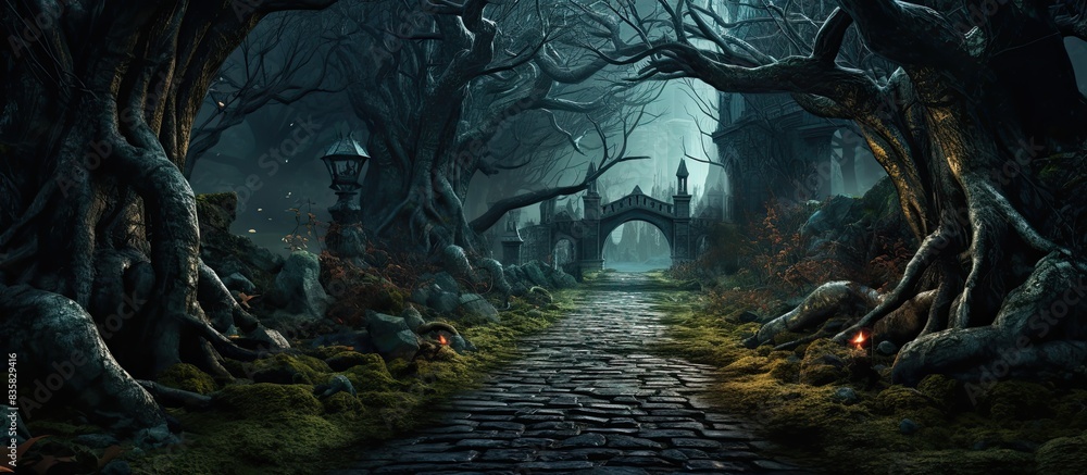 Poster enchanted forest archway with misty ambiance perfect as a background for a copy space image.