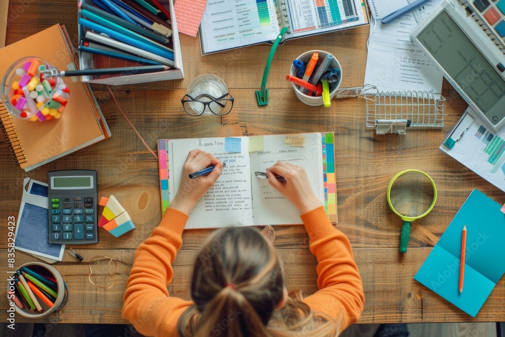 Poster an overhead view captures a student engrossed in studies at a desk filled with educational items lik