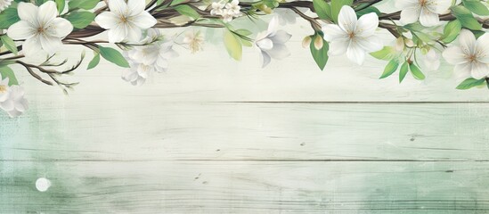 Aerial view of cherry tree twigs on a blue wooden backdrop, ideal for spring-themed banners or greeting cards with copy space image.