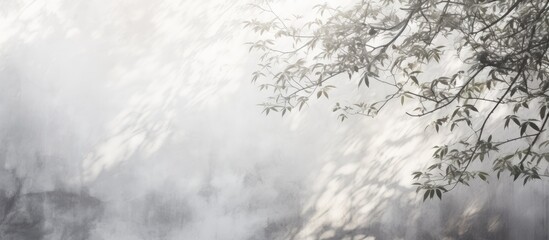 Neutral nature theme with abstract shadows of gray leaves on a white wall creating a background suitable for text placement, like a copy space image.
