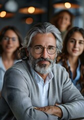 Obraz premium Portrait of a middle-aged man with grey hair and beard, wearing glasses, with three women in the background