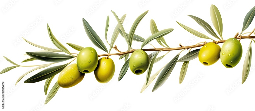 Poster top-down flat lay of green olives with leaves on a white backdrop with a focus throughout the image.