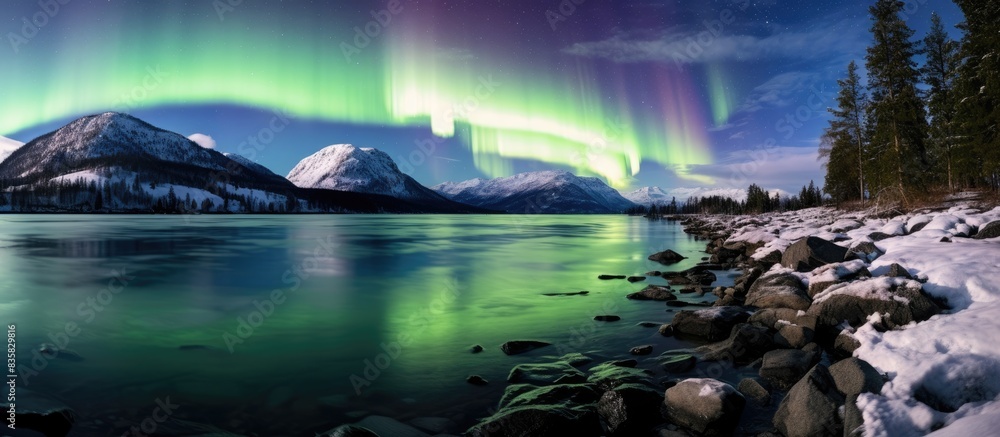 Poster the milky way is a spiral galaxy with an aurora borealis in the background, creating a stunning copy
