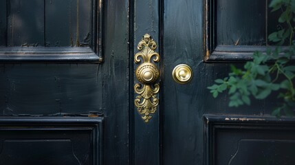 Enigmatic black door with opulent gold handle, inviting exploration. Dramatic dark background with...