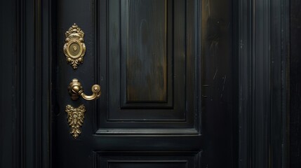 Enigmatic black door with opulent gold handle, inviting exploration. Dramatic dark background with a single, intriguing door.