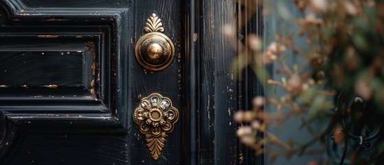 Enigmatic black door with opulent gold handle, inviting exploration. Dramatic dark background with...