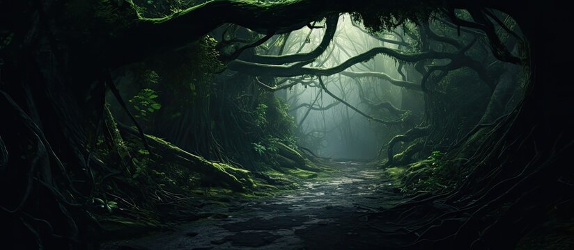 Lush greenery surrounds the dark passageway, offering an enticing copy space image.