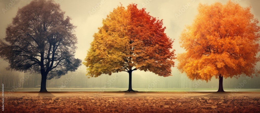 Poster autumn forest path with foggy water creating a tranquil ambiance, ideal for a copy space image.