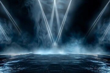 Product showcase spotlight background. Clean photography studio. Abstract blue background with rays of neon light, spotlight, reflection on the asphalt. generative ai.