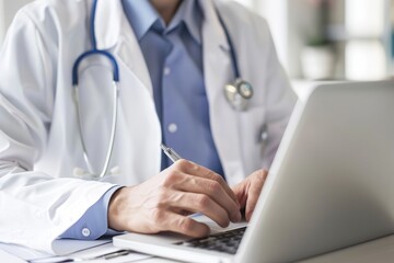 Fototapeta premium Female doctor in a white coat types on a laptop at her office desk