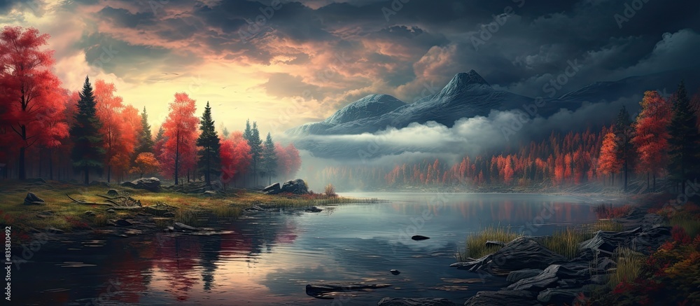 Poster autumn lake with cloudy sky and dark background providing a serene setting, ideal for a copy space i