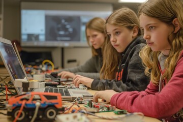 Fototapeta premium Young girls are participating in an enriching technology workshop focusing on robotics and coding, enhancing their skills in STEM fields and fostering innovation through handson learning