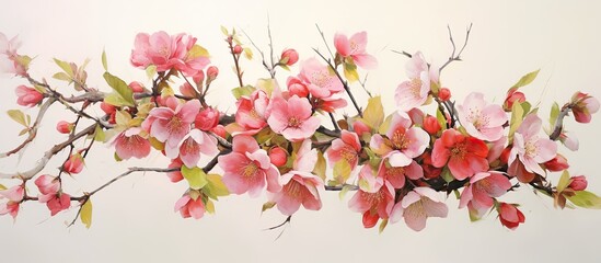 Naklejka premium A high-quality image capturing fresh quince blossoms, lovely pink petals drifting in the air against a pink backdrop, suggesting zero gravity or levitation during spring. . Copy space image