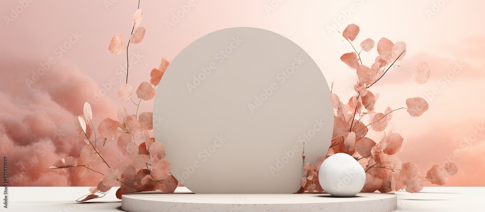 Aufkleber a leaf with geometric shapes used to highlight cosmetic items against a neutral beige backdrop to en