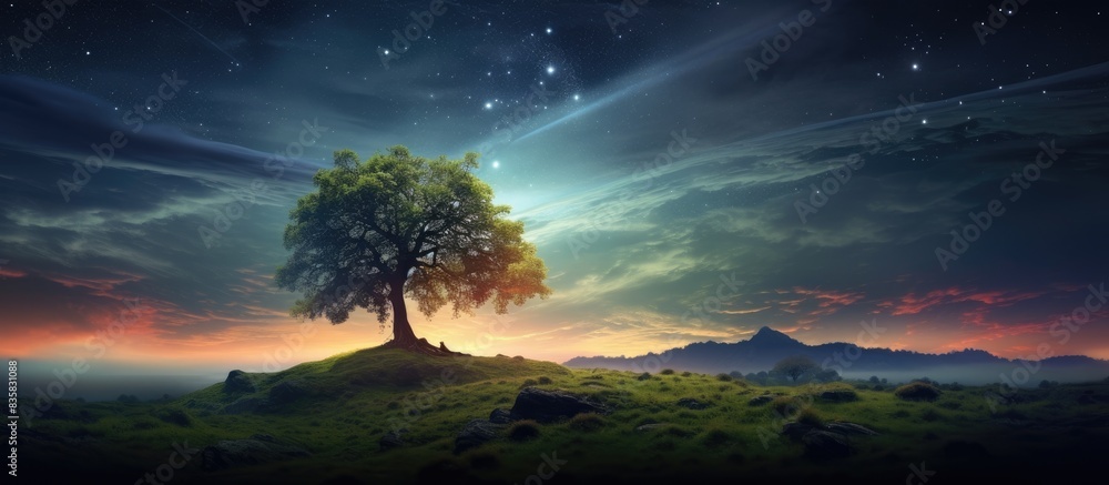 Poster a solitary tree standing under a starlit sky with the milky way visible above, creating a serene sce