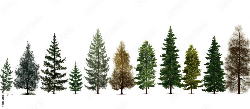 Poster various coniferous trees set against a blank white backdrop with copy space image included.