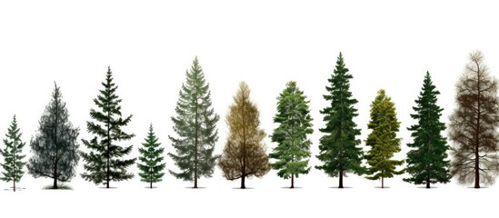 Obraz premium Various coniferous trees set against a blank white backdrop with copy space image included.