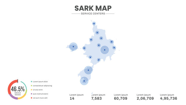 Service centers are highlighted within the of Sark Infographic map