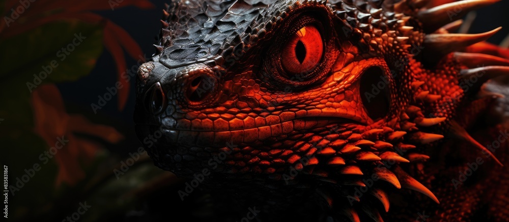 Poster close-up photo of a red iguana in a dark terrarium with a wooden trunk, creating an exotic animal po