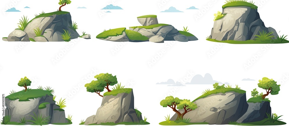 Poster mountain on the island surrounded by trees and rocks, creating an isolated scene against a white bac