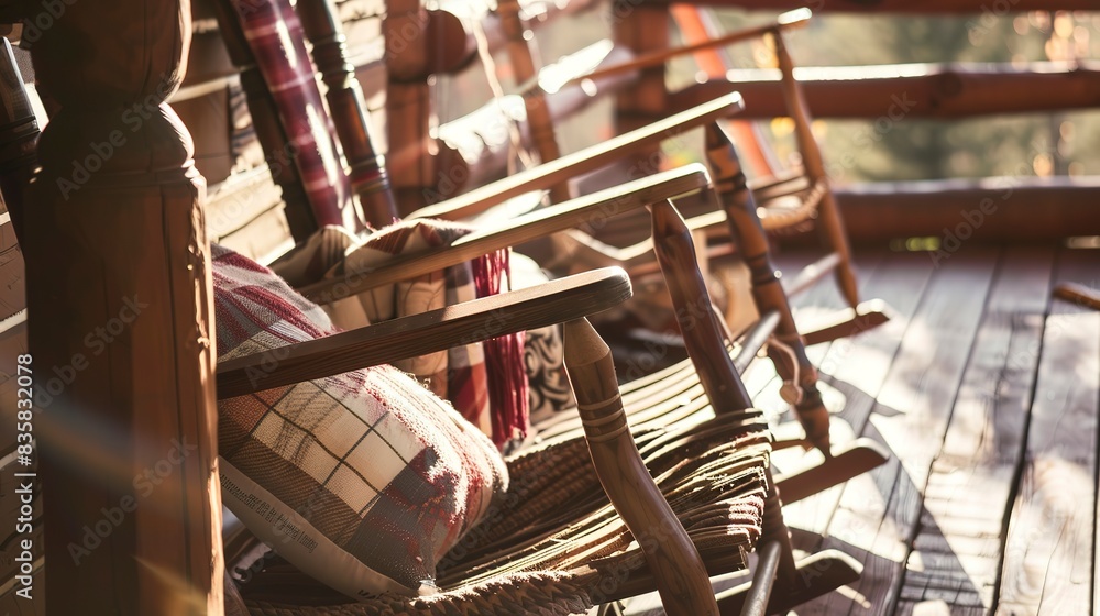 Poster Homely rustic porch, close-up on rocking chairs and hand-woven throws, shaded sunlight 