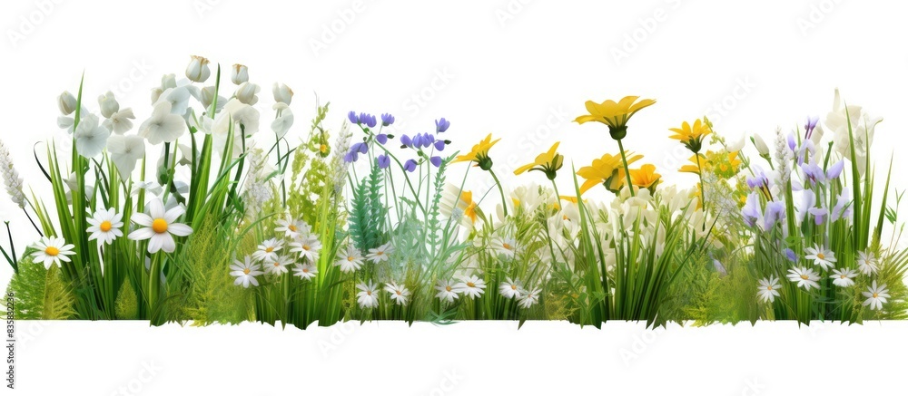 Poster isolated spring grass and daisies with clipping path and alpha channel for copy space image.