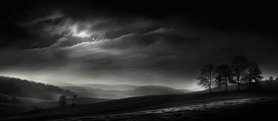 Lonely tree in a night landscape under a clear sky, with ample copy space image.