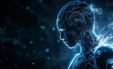 Fototapeta premium An abstract profile of a human face composed of neon lines and particles, illustrating the concept of artificial intelligence and digital consciousness.